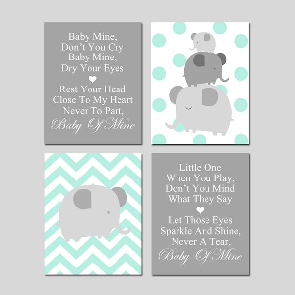 Dumbo Nursery Decor Dumbo Nursery Art Baby Mine Nursery Quote Elephant Nursery Art Mint Nursery Decor Mint Elephant Set 4 CANVAS OR PRINTS