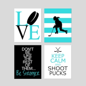 Hockeyspielerin-Dekor, Mädchen-Hockey-Kunst, Mädchen-Sport-Dekor, Inspirierende Sportzitate, Eishockey-Wandkunst, 4er-Set Eishockey-Drucke oder Eishockey-Leinwand