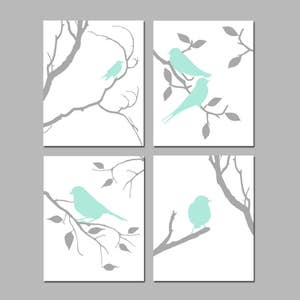 Arte de parede de pássaros, decoração de pássaros, arte de pássaros, conjunto de 4 impressões de arte de pássaros em tons de menta e cinza ou arte em tela de pássaros, arte de parede da natureza, arte de quarto de pássaros, arte de pássaros