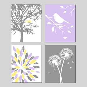 Purple Yellow and Grey Nursery Art for Baby Girl Lavender Nursery Decor Set of 4 Prints or Canvas, Bird Nursery Art Flowers Nursery Wall Art