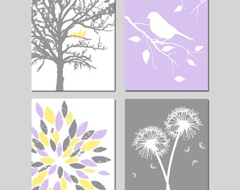 Purple Yellow and Grey Nursery Art for Baby Girl Lavender Nursery Decor Set of 4 Prints or Canvas, Bird Nursery Art Flowers Nursery Wall Art