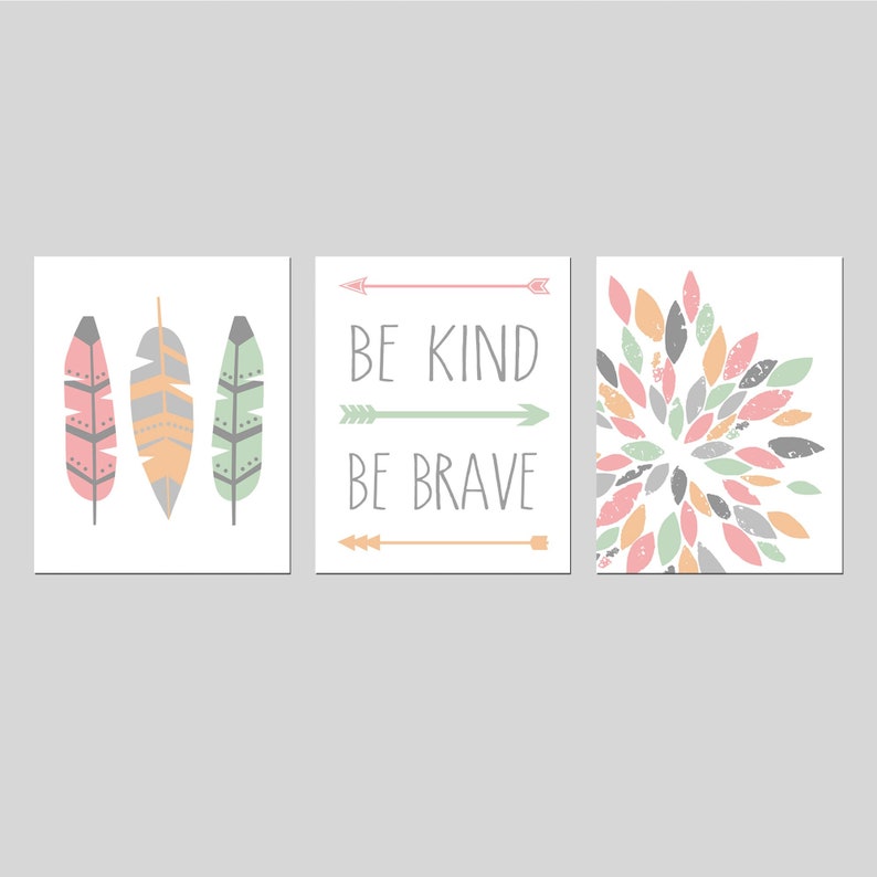 Girls Woodland Nursery Decor Girls Arrow Nursery Decor Girls Tribal Nursery Decor Feather Nursery Decor Set of 3 Prints or Canvas image 2