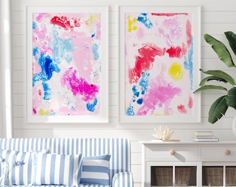 Colorful Abstract Art Set of 2 PRINTS OR CANVAS, Teen Girl Wall Art Pink Red Blue Yellow, Bright Color Art