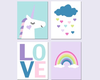 Unicorn Art, Set of 4 UNICORN CANVAS ART Unicorn Prints, Unicorn Wall Art, Cloud with Hearts, Love, Rainbow Unicorn Canvas Prints for Girls