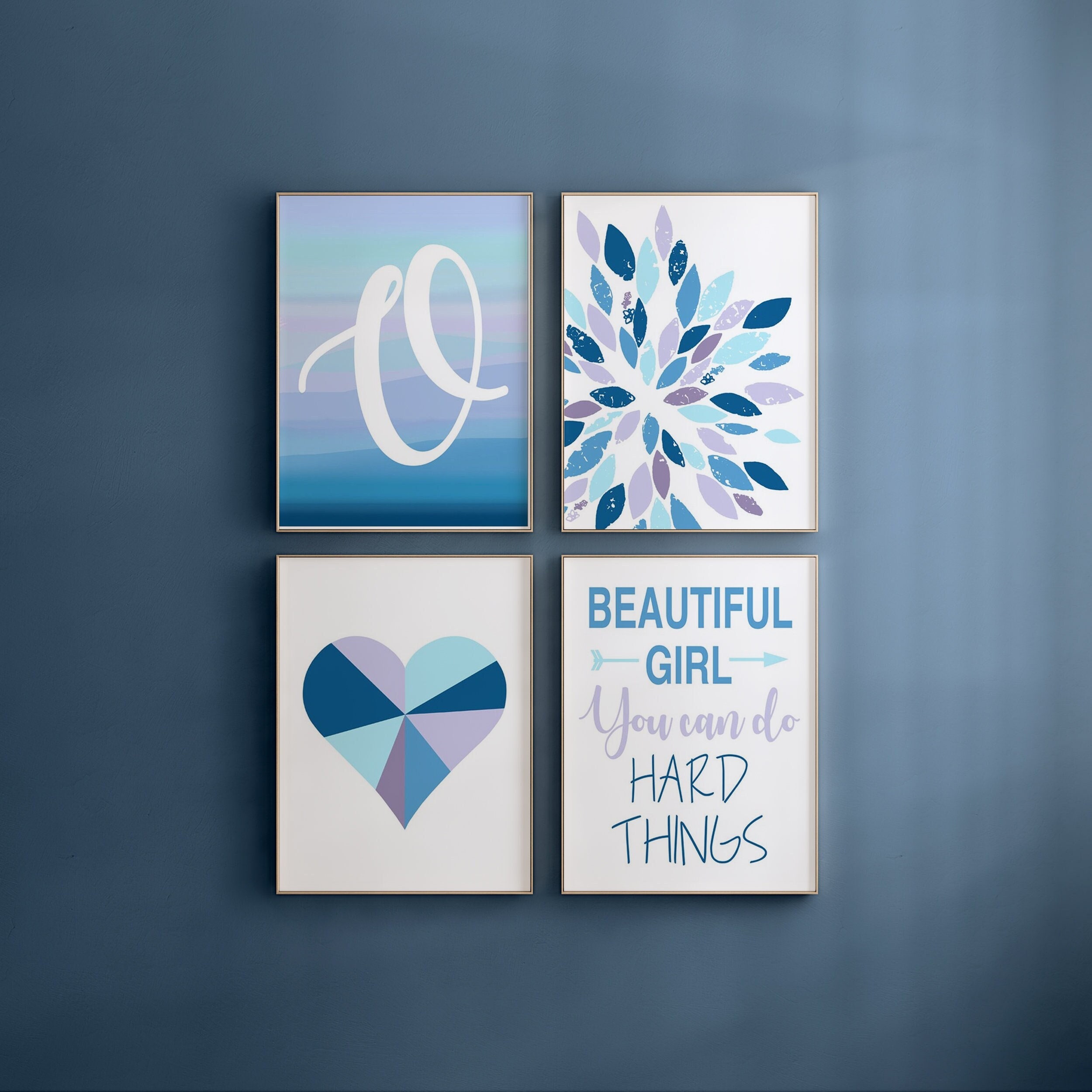Teenage Girl Wall Art, Teen Girl Bedroom Decor Blue, Tween Girl Room Decor,  Blue Ombre Art for Girl Bedroom, Set of 3 Heart Prints or Canvas 