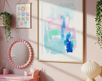 Pastel Abstract Art Print or Canvas, Colorful Wall Art for Girls Room Decor, Mint Pink Blue Wall Art