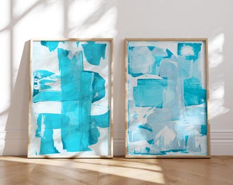 Aqua Blue Abstract Art, Modern Beach House Decor, Coastal Wall Art, Set of 2 Prints or Canvas