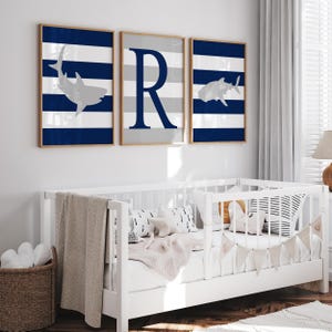 Shark Wall Art Kids Room, Shark Nursery Decor, Personalized Shark Art Prints Simple, Little Boy Room Decor, Set of 3 Shark PRINTS OR CANVAS