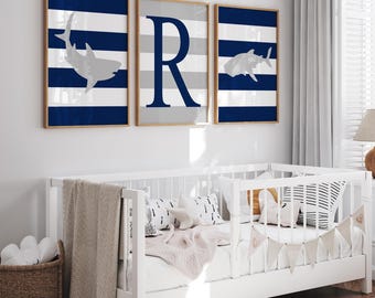 Decorazioni a tema squalo per la cameretta dei bambini, quadri con squali per la stanza dei più piccoli, set di 3 stampe o tele.