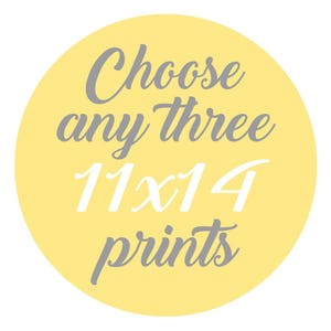 May include: Yellow circle with the text "Choose any three 11x14 prints" in gray text.