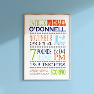 Boy Birth Stats Print - Birth Statistics Sign - Wall Art for Nursery Decor Boy - Modern Birth Stats Sign - Custom - CHOOSE YOUR COLORS