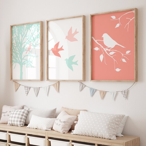 Coral Nursery Art Coral and Mint Nursery Decor Prints Set of 3