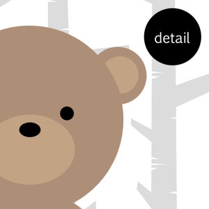 May include: A brown bear face with black eyes and a black nose peeking out from behind a white and gray tree trunk. The word "detail" is written in black on a black circle.