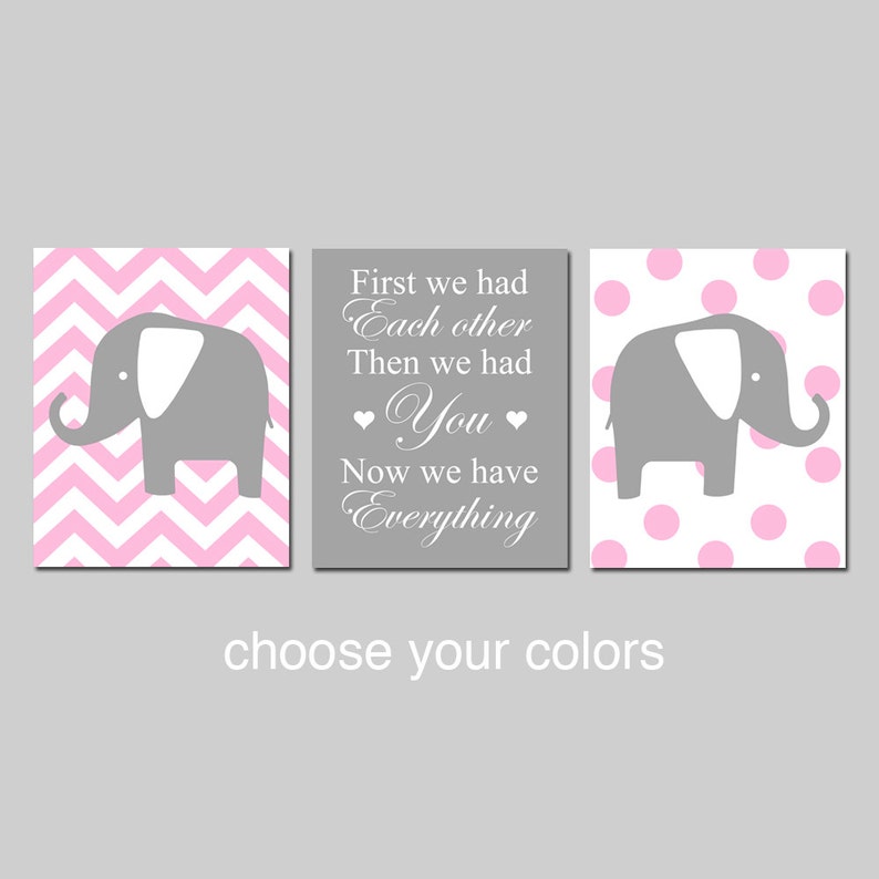 Chevron Elephant Nursery Art Mint, First We Had Each Other Then We Had You Now We Have Everything Quote, Set of 3 Elephant PRINTS OR CANVAS medium pink / gray