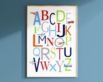 Transportation Alphabet Nursery Art ABC Print, Baby Boy Nursery Decor Car Plane Airplane Helicopter Bus, Vehicle Nursery - PRINT or CANVAS