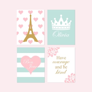Paris Dekor für Mädchenzimmer Dekor Paris Wand Kunst Rosa Paris Dekor, 4er Set Paris Drucke oder Paris Leinwand Kunst, Paris Kinderzimmer Dekor Paris Thema
