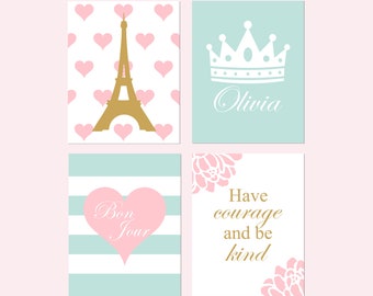 Parijs muurdecoratie voor meisjeskamer, turquoise, goud en roze, Parijs babykamerdecoratie voor meisjes, set van 4 prints of canvas