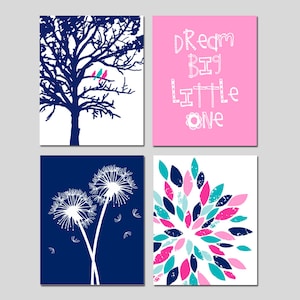 Marineroze kinderkamer kunst aan de muur CANVAS OF PRINTS - marineroze kinderkamer decor bloem kinderkamer kunst warm roze marine kinderkamer kunst set van 4 canvas of prints