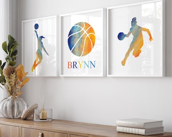 Girls Basketball Decor, Teen Girl Wall Art Sporty, Set of 3 Personalized Sports Prints or Canvas
