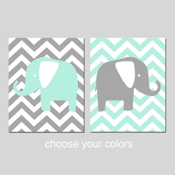 Chevron Elephant Nursery Decor Wall Art Set Of 2 Prints Etsy