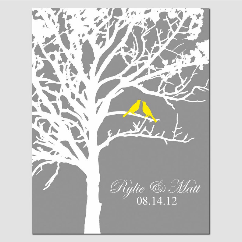 Lovebird Wedding Tree 8x10 Customizable Print Choose Your Colors Shown in Gray, Yellow, Blue, Pink GREAT WEDDING GIFT As displayed #1