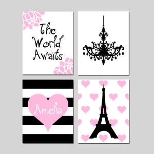 Girl Room Decor Travel Bedroom Art Paris Room Decor Pink and Black Room Decor The World Awaits Quote Set of 4 Prints or Set of Four Canvas