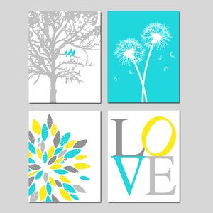 Yellow Aqua Gray Baby Nursery Art Birds in a Tree, Love, Abstract Floral Burst, Dandelions Print Set of 4 Nursery Prints or Canvas Art As displayed #4