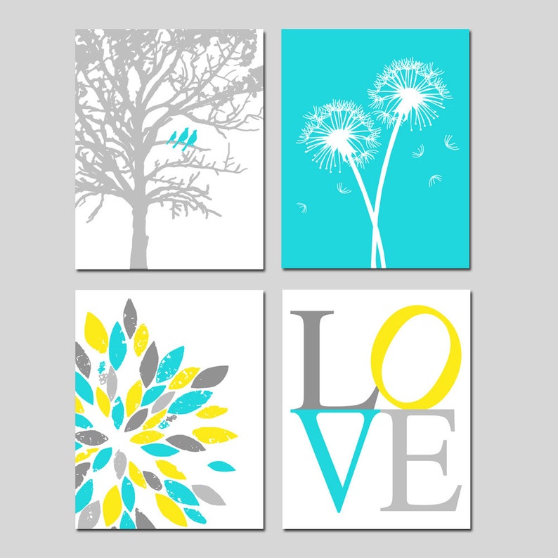 Yellow Aqua Gray Baby Nursery Art Birds in a Tree, Love, Abstract Floral Burst, Dandelions Print Set of 4 Nursery Prints or Canvas Art As displayed #4