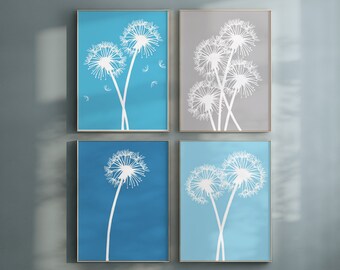 Arte floral azul, arte de pared de diente de león, juego de 4 láminas o lienzos de flores