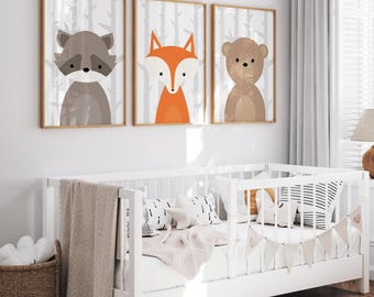 Tela artistica per cameretta dei bambini WOODLAND o stampe Decorazioni per cameretta dei bambini Woodland Animali della foresta Set di 3 tele artistiche per cameretta dei bambini - Scegli i tuoi animali, dimensioni, colori