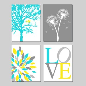 Yellow Aqua Gray Baby Nursery Art Birds in a Tree, Love, Abstract Floral Burst, Dandelions Print Set of 4 Nursery Prints or Canvas Art As displayed #3