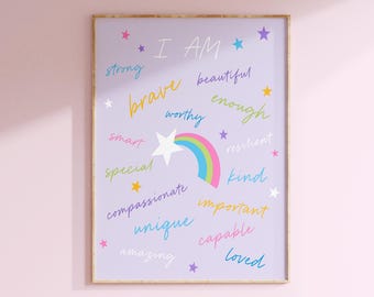 Cuadros con afirmaciones positivas para niños, decoración para la habitación de niñas pequeñas, regalo para niñas, lámina o lienzo con la frase "Yo soy"