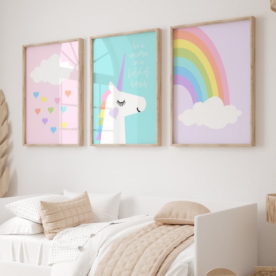 Unicorn Pictures for Girl Room Decor, Unicorn and Rainbow Art, Be A Unicorn in A Field of Horses Quote, Set of 3 Unicorn PRINTS OR CANVAS