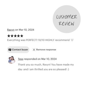 May include: A five-star customer review with the text "Everything was PERFECT! 10/10 HIGHLY recommend" and a heart emoji. The reviewer's name is Ravyn and the review was posted on March 10, 2024.
