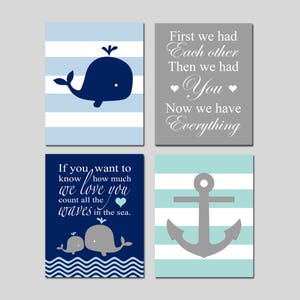 Ocean Nursery Art Ocean Nursery Decor Whale Nursery Art Whale Nursery Decor Nautical Nursery Art Baby Boy Set of 4 PRINTS OR CANVAS Art nvy whale/gry anchor