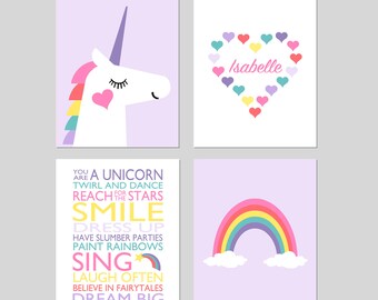 Rainbow Wall Art for Kids Room, Girl Bedroom Decor, Unicorn Rainbow Decor, Girl Room Decor, Unicorn Decor, Set of 4 Unicorn Prints or Canvas