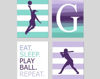 Sports Posters for Girls Room Decor, Girls Sports Decor, Softball Wall Art, Girls Basketball Decor, Set of 4 PRINTS OR CANVAS