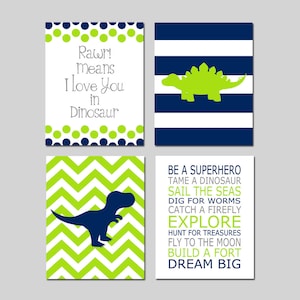 Dinosaur Nursery Decor Dinosaur Nursery Art Navy Nursery Decor, Rawr Means I Love You in Dinosaur Quote, Set of 4 Dinosaur CANVAS OR PRINTS