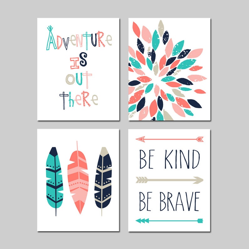 TRIBAL Girl Nursery Decor Arrows Tribal Nursery Art Adventure Is Out There, Abstract Floral, Feathers, Be Kind Be Brave Set of 4 Prints image 1