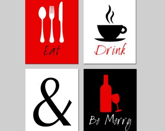 Kitchen Decor, Kitchen Wall Art, Dining Room Decor, Eat Drink & Be Merry Dining Room Art, Set of 4 Prints or Canvas