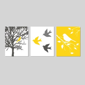 Modern Bird Trio, Set of Three Prints or Canvas, Bird Nursery Decor, Bird Bedroom Decor, Bird Prints, Bird Canvas Art CHOOSE YOUR COLORS yellow/grays