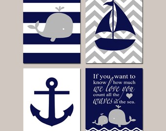 Whale Nursery Decor Boy, Nautical Nursery Art, Toddler Boy Room Decor, Set of 4 Prints or Canvas