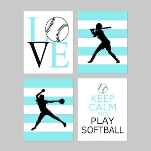Softball Wall Art, Softball Bedroom Decor for Girls, Softball Gift, Girl Sports Decor, Softball Decor, Set of 4 Softball PRINTS OR CANVAS