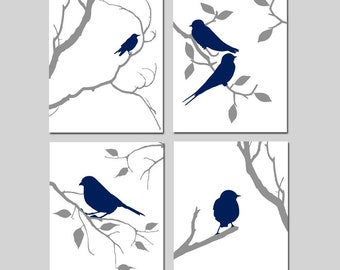 Bird Prints, Bird Artwork, Bird Decor, Bird Wall Art Navy Bird Art Set of 4 Prints or Canvas, Nature Wall Art, Bird Bedroom Art Navy Grey