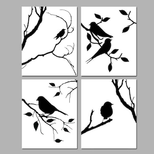 Birds of a Feather Wall Art Quad Set of Four Coordinating Nature Prints or Bird Canvas Art CHOOSE YOUR COLORS Shown in Black and White image 1