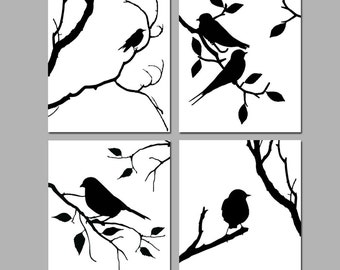 Birds of a Feather Wall Art Quad - Set of Four Coordinating Nature Prints or Bird Canvas Art - CHOOSE YOUR COLORS - Shown in Black and White