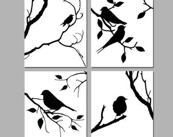 Birds of a Feather Wall Art - Set of Four Coordinating Nature Prints or Bird Canvas Art - CHOOSE YOUR COLORS - Shown in Black and White