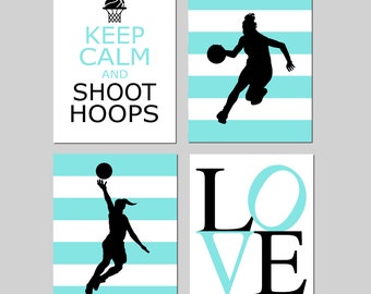 Girls Basketball Decor, Basketball Wall Art, Tween Girls Sports Decor, Set of 4 Prints or Canvas