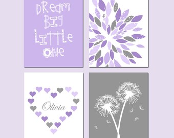 Purple Nursery Decor Girl Nursery Art Harper Nursery, Dream Big Little One, Abstract Floral, Hearts Name, Dandelion Set of 4 PRINT OR CANVAS