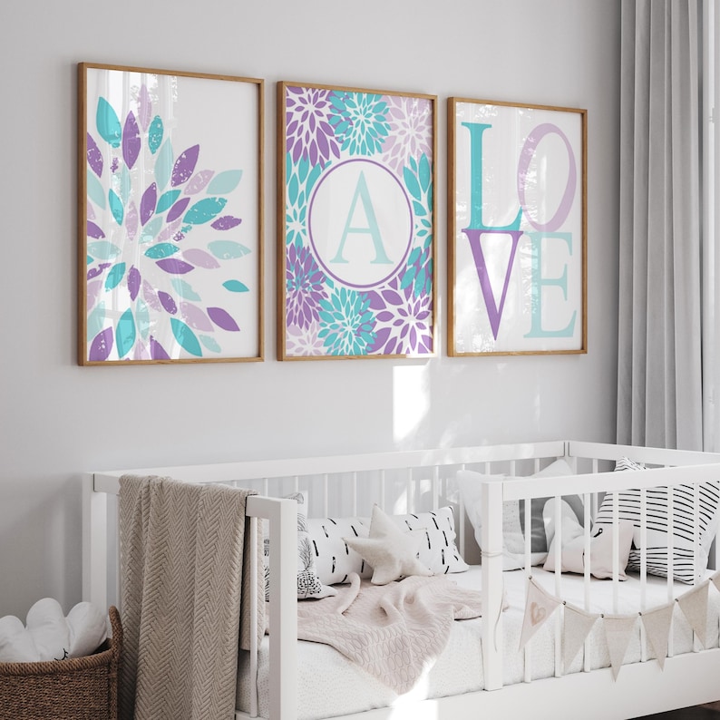 Aqua and Purple Nursery Art, Girl Nursery Decor Lavender, Flower LOVE ...